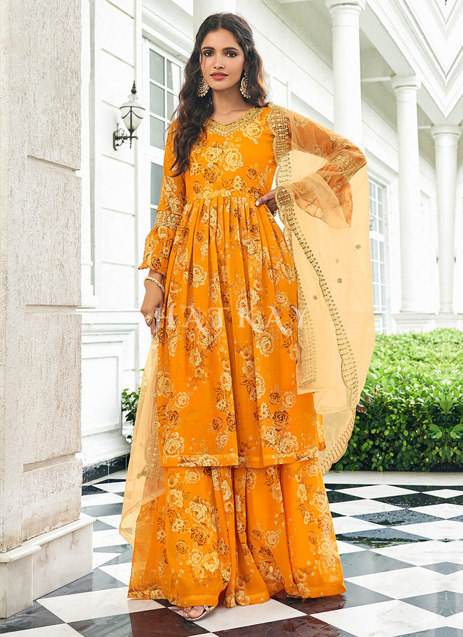 Yellow Color Sharara Salwar Kameez Georgette Sharara Salwar Kameez  Bollywood Style Embroidery Work Sharara Salwar Suit Exclusive Suit - Etsy